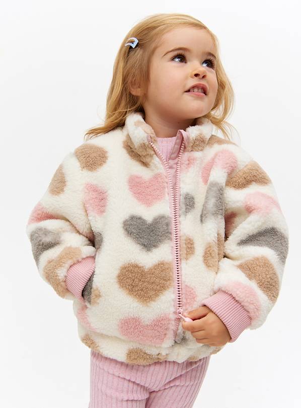 Cream Heart Print Zip-Through Fleece Jacket 3-4 years